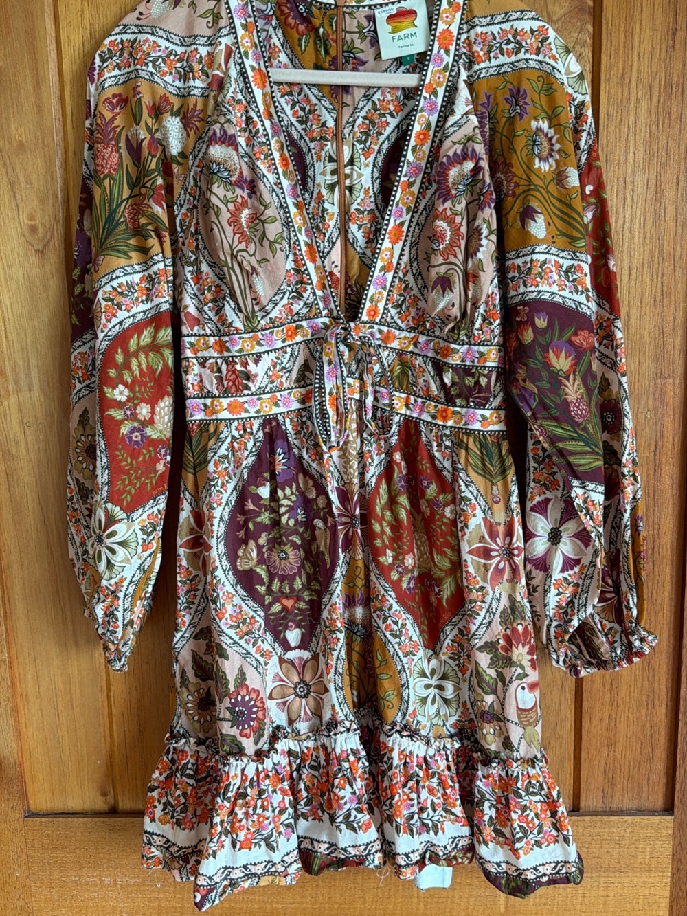 FARM Rio Multicolor Floral Tie-Waist Long Sleeve Mini Dress